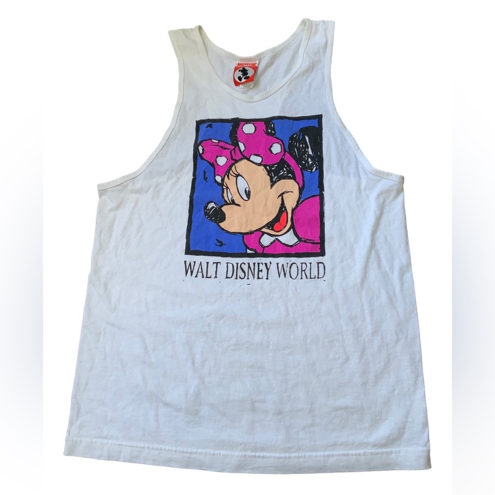 Vintage WALT DISNEY WORLD Minnie Mouse Graphic Muscle Tank Shirt White SZ Medium